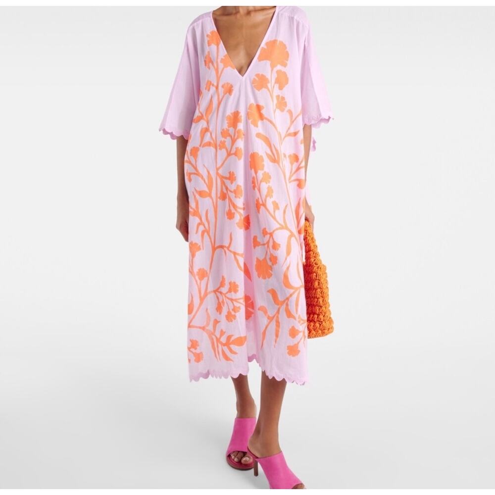 JULIET DUNN Floral Scalloped Cotton Kaftan Quiet Luxury Pink Orange india
